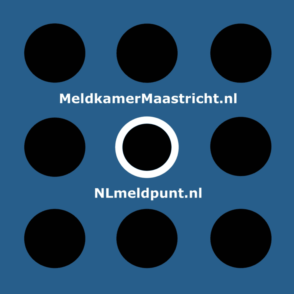 LOGO NLmeldpunt, blauwe achtergrond met 9 zwarte punten.
3 rijen van drie punten waarvan de middelste van de tweede rij met wit is omrand.